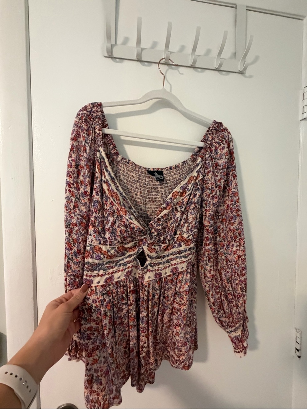 Angie Floral Long Sleeve Empire Waist Blouse in Cream, red, & Purple
